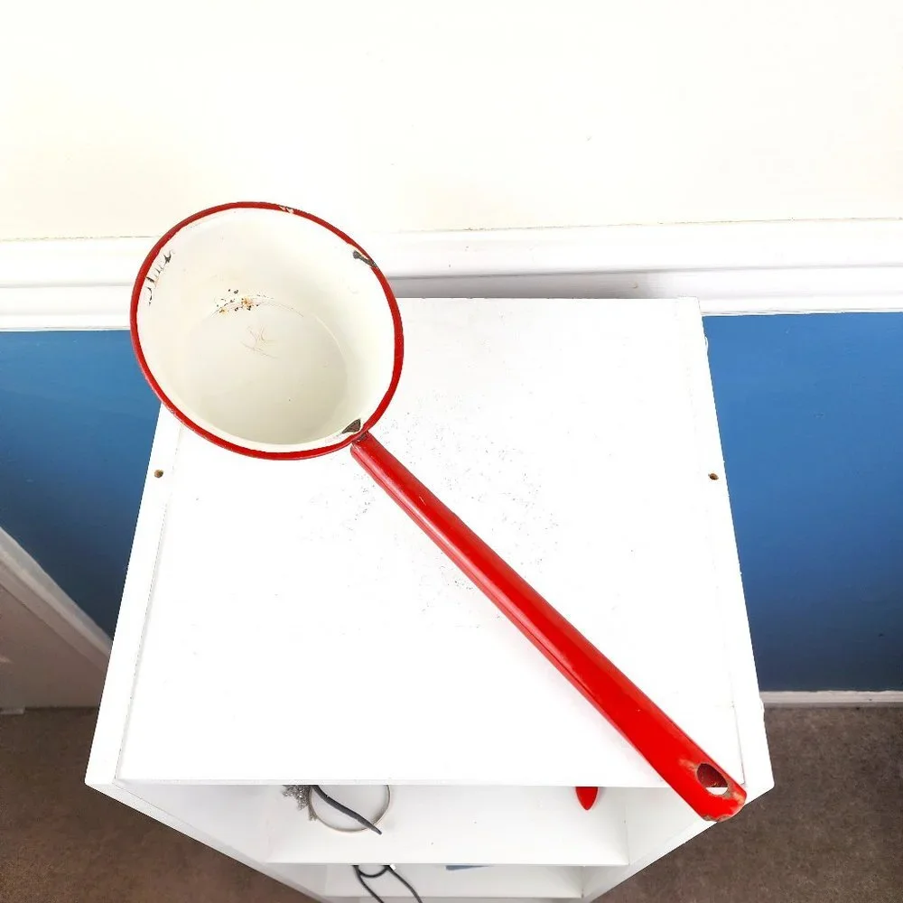 Vintage Red Long Handled Scoop Enamelware Farmhouse